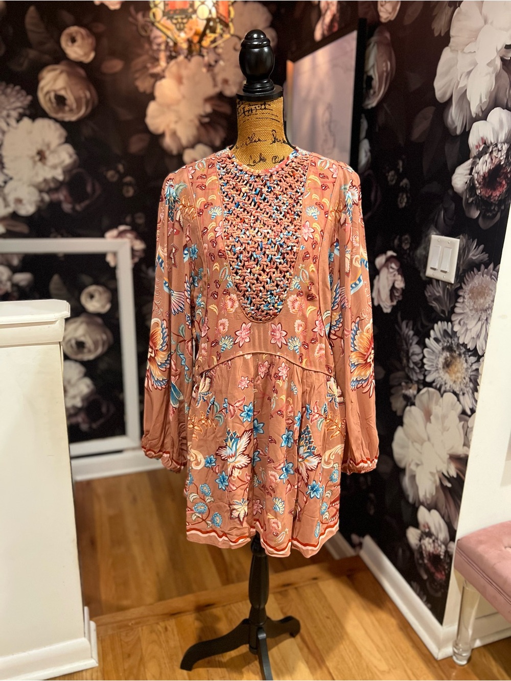FARM Rio Peach Floral Crochet-Yoke Long Sleeve Mini Dress